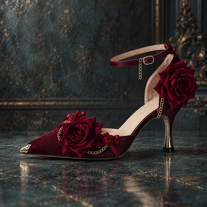 Gothic Red Rose & Gold Chain Women's Lolita Leather Heeled Pumps