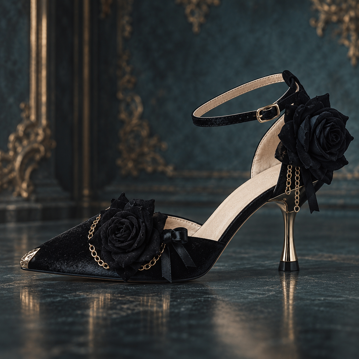 Gothic Red Rose & Gold Chain Women's Lolita Leather Heeled Pumps