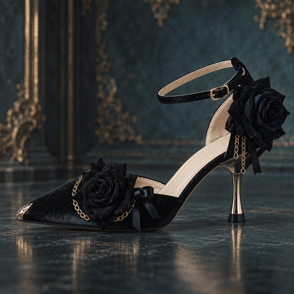 Gothic Red Rose & Gold Chain Women's Lolita Leather Heeled Pumps