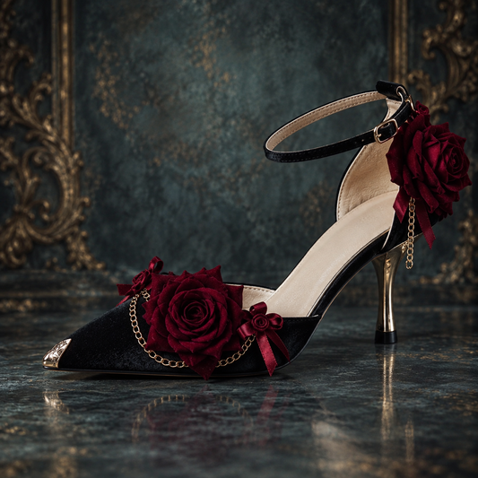 Gothic Red Rose & Gold Chain Women's Lolita Leather Heeled Pumps