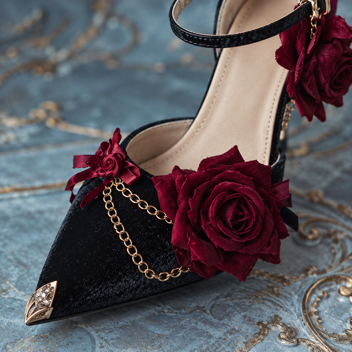 Gothic Red Rose & Gold Chain Women's Lolita Leather Heeled Pumps