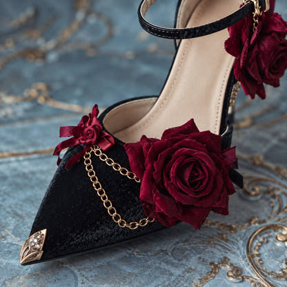 Gothic Red Rose & Gold Chain Women's Lolita Leather Heeled Pumps
