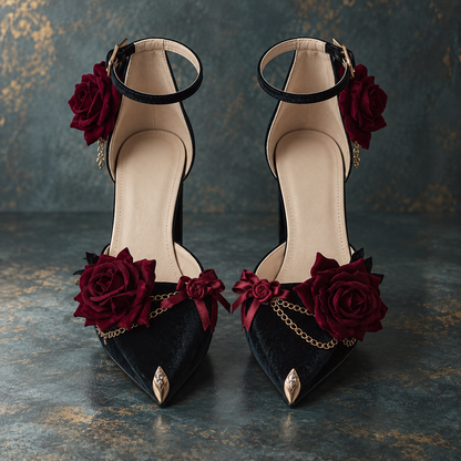 Gothic Red Rose & Gold Chain Women's Lolita Leather Heeled Pumps