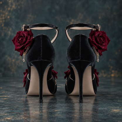 Gothic Red Rose & Gold Chain Women's Lolita Leather Heeled Pumps