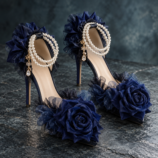 Women’s Gothic Lolita Dark Blue High Heels | Rose Bow Ankle Strap Pumps