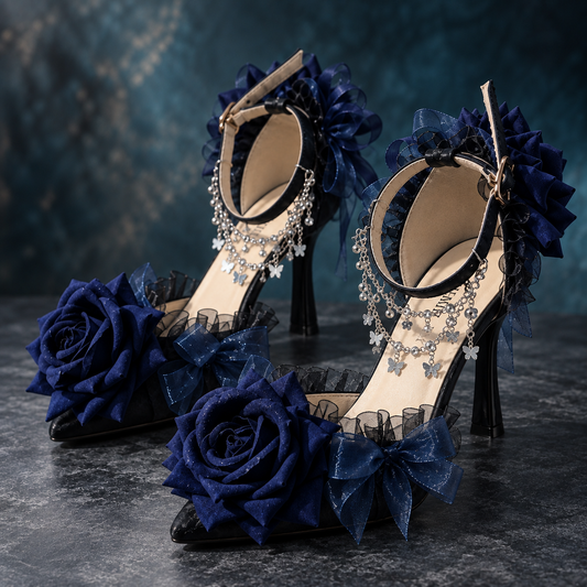 Women’s Gothic Lolita Dark Blue High Heels | Rose Bow Ankle Strap Pumps