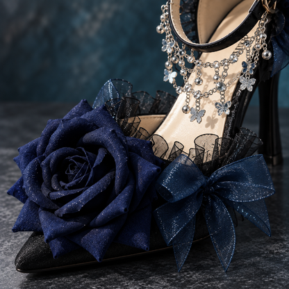 Women’s Gothic Lolita Dark Blue High Heels | Rose Bow Ankle Strap Pumps