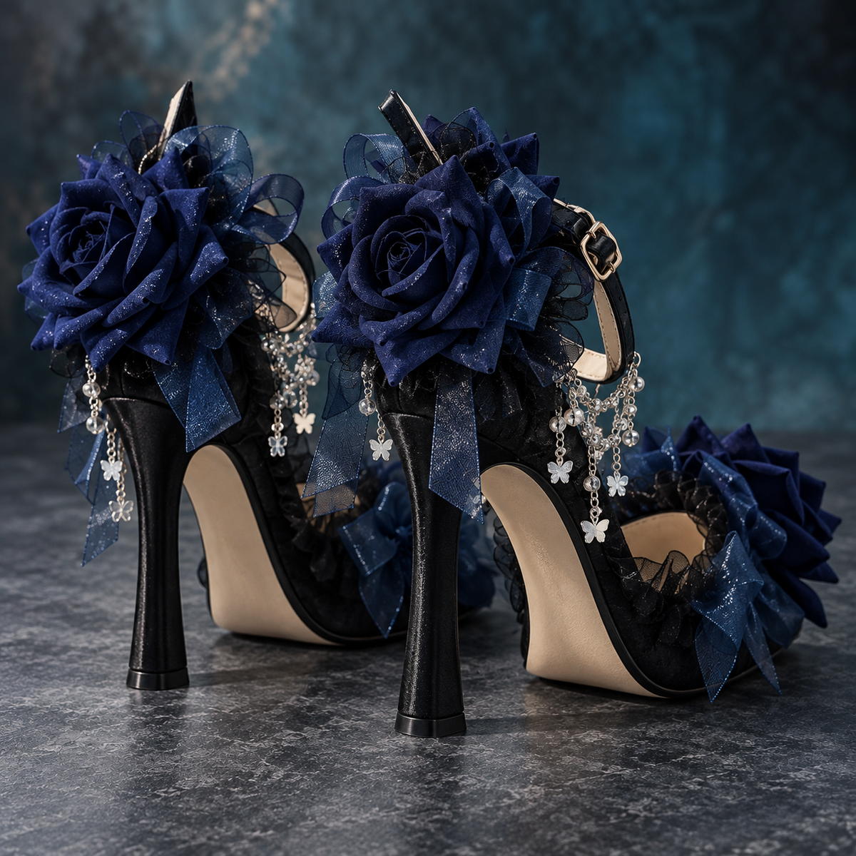 Women’s Gothic Lolita Dark Blue High Heels | Rose Bow Ankle Strap Pumps