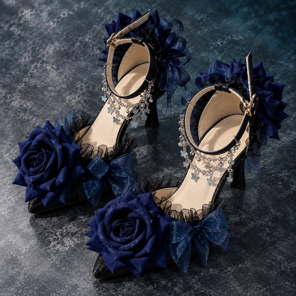 Women’s Gothic Lolita Dark Blue High Heels | Rose Bow Ankle Strap Pumps