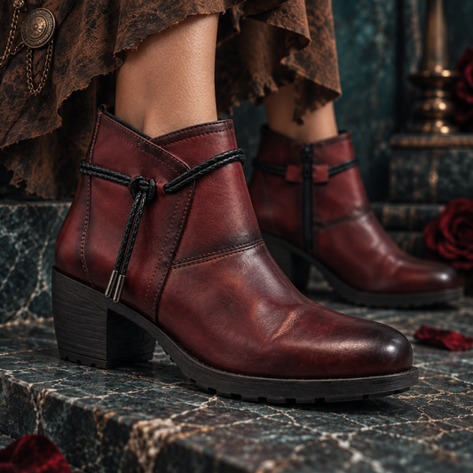 Women’s Genuine Leather Maroon Block Mid Heeled Ankle Boots with Round Toe