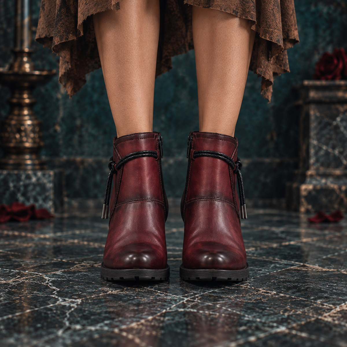 Women’s Genuine Leather Maroon Block Mid Heeled Ankle Boots with Round Toe