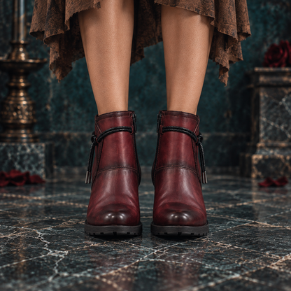 Women’s Genuine Leather Maroon Block Mid Heeled Ankle Boots with Round Toe