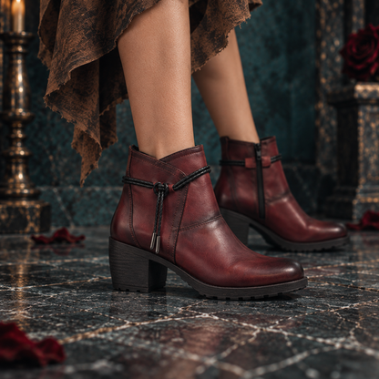 Women’s Genuine Leather Maroon Block Mid Heeled Ankle Boots with Round Toe