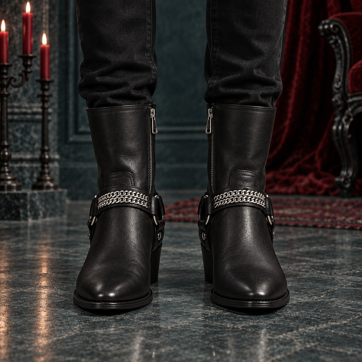 Men's Genuine Leather Chain Harness Ankle Boots | O-Ring Side-Zip Boots