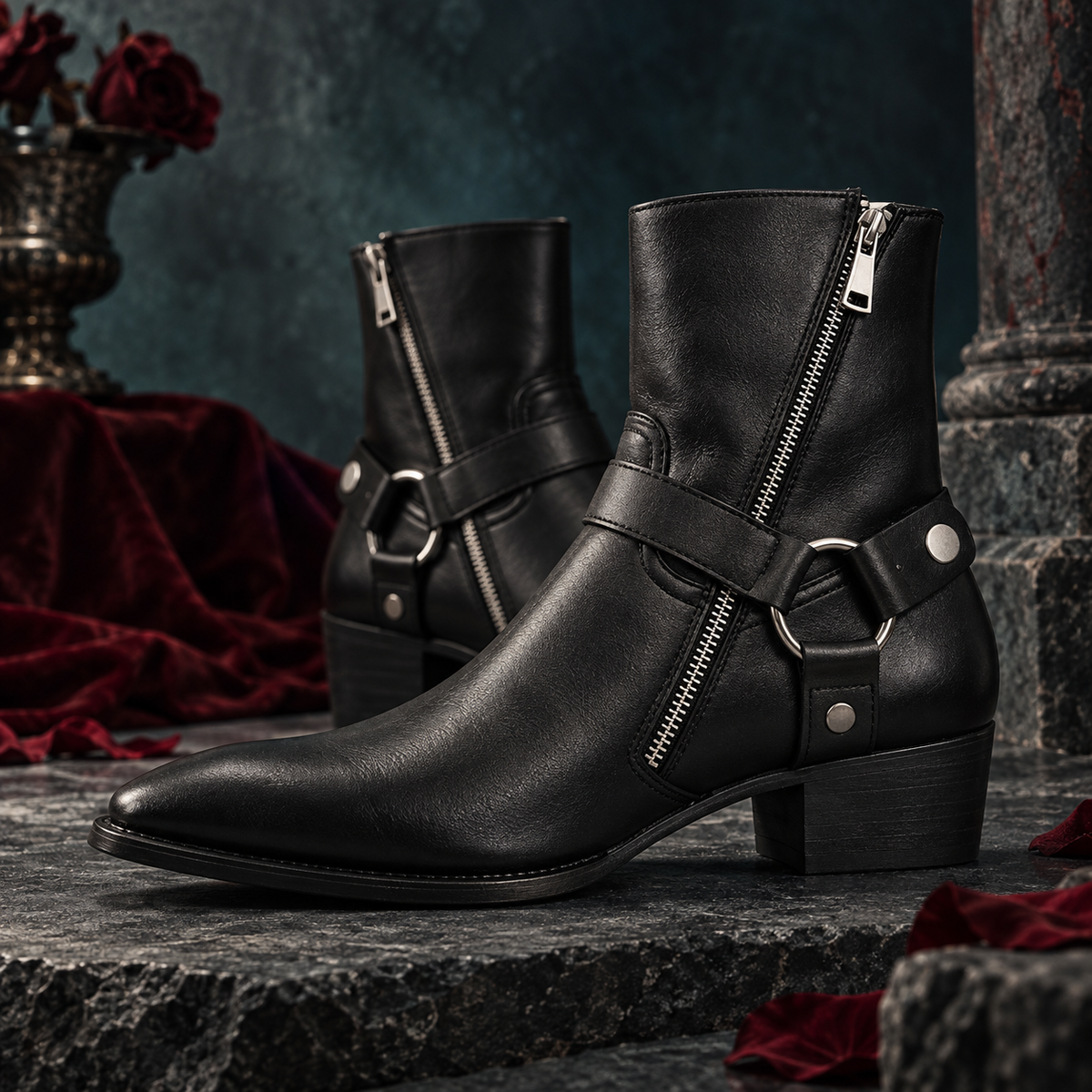 Men's Genuine Leather Chain Harness Ankle Boots | O-Ring Side-Zip Boots