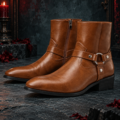 Men's Genuine Leather Chain Harness Ankle Boots | O-Ring Side-Zip Boots
