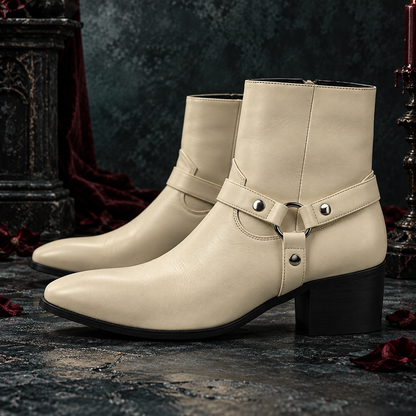 Men's Genuine Leather Chain Harness Ankle Boots | O-Ring Side-Zip Boots