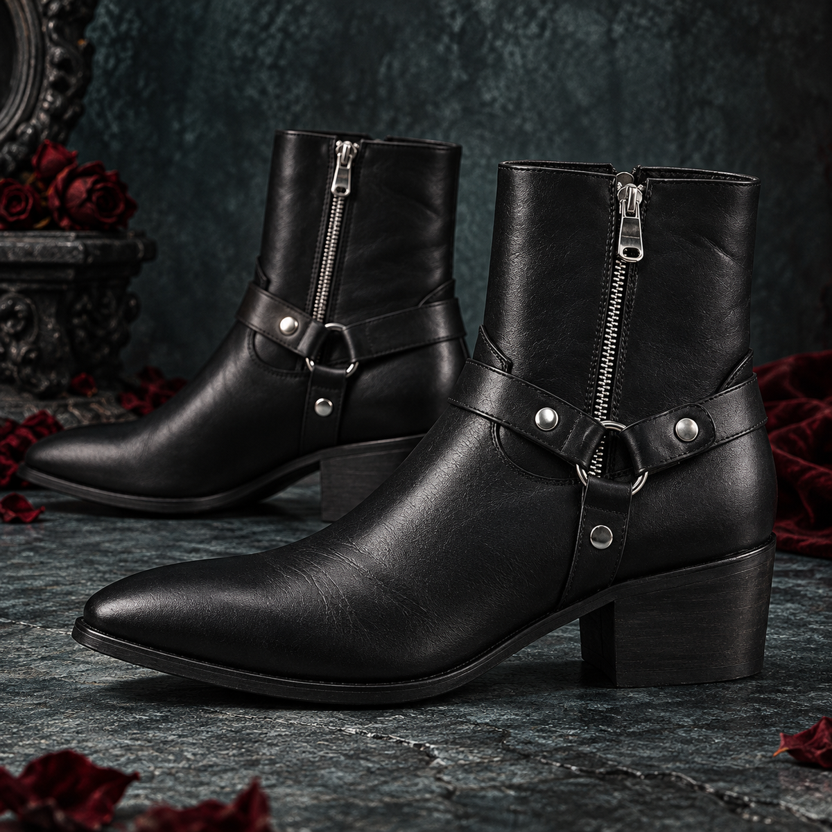 Men's Genuine Leather Chain Harness Ankle Boots | O-Ring Side-Zip Boots