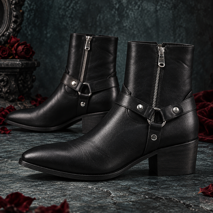 Men's Genuine Leather Chain Harness Ankle Boots | O-Ring Side-Zip Boots