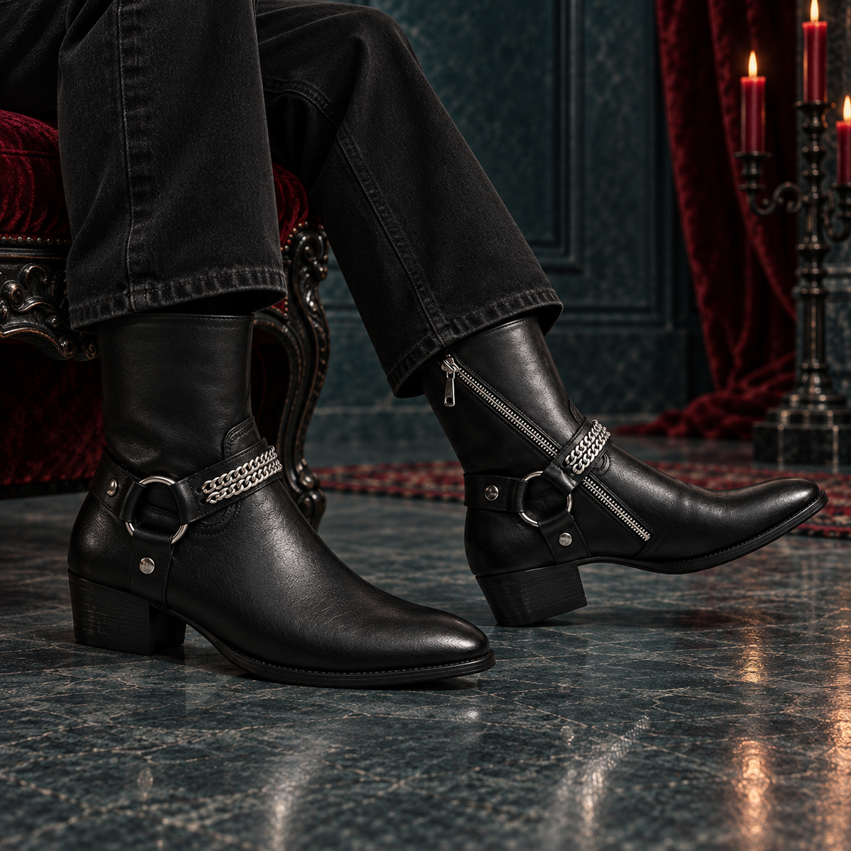 Men's Genuine Leather Chain Harness Ankle Boots | O-Ring Side-Zip Boots