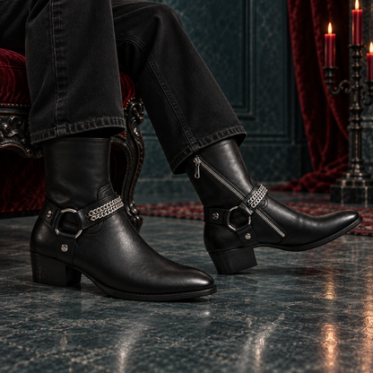 Men's Genuine Leather Chain Harness Ankle Boots | O-Ring Side-Zip Boots