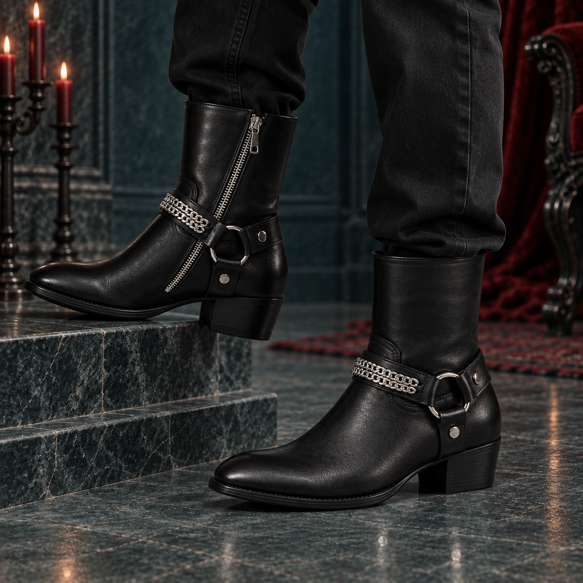 Men's Genuine Leather Chain Harness Ankle Boots | O-Ring Side-Zip Boots