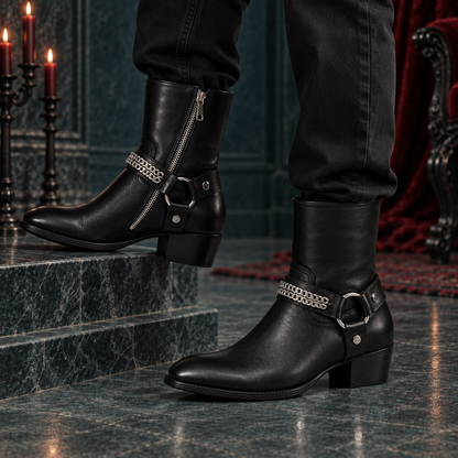Men's Genuine Leather Chain Harness Ankle Boots | O-Ring Side-Zip Boots