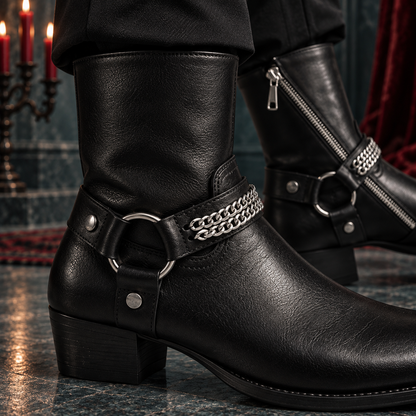 Men's Genuine Leather Chain Harness Ankle Boots | O-Ring Side-Zip Boots