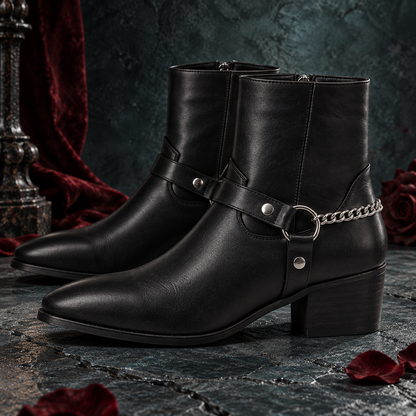 Men's Genuine Leather Chain Harness Ankle Boots | O-Ring Side-Zip Boots