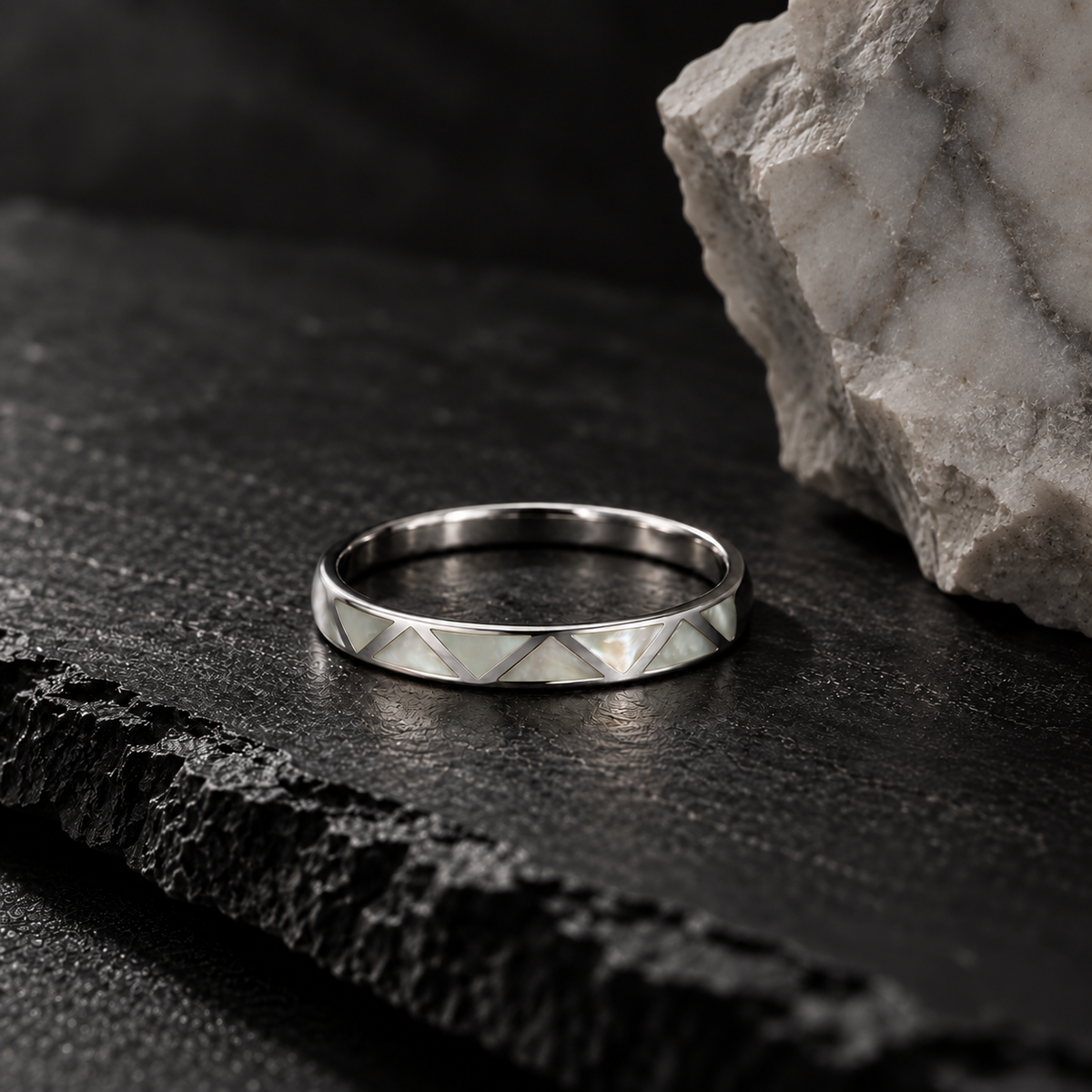 Women’s 925 Sterling Silver Mother of Pearl Ring | Geometric Shell Inlay Jewelry