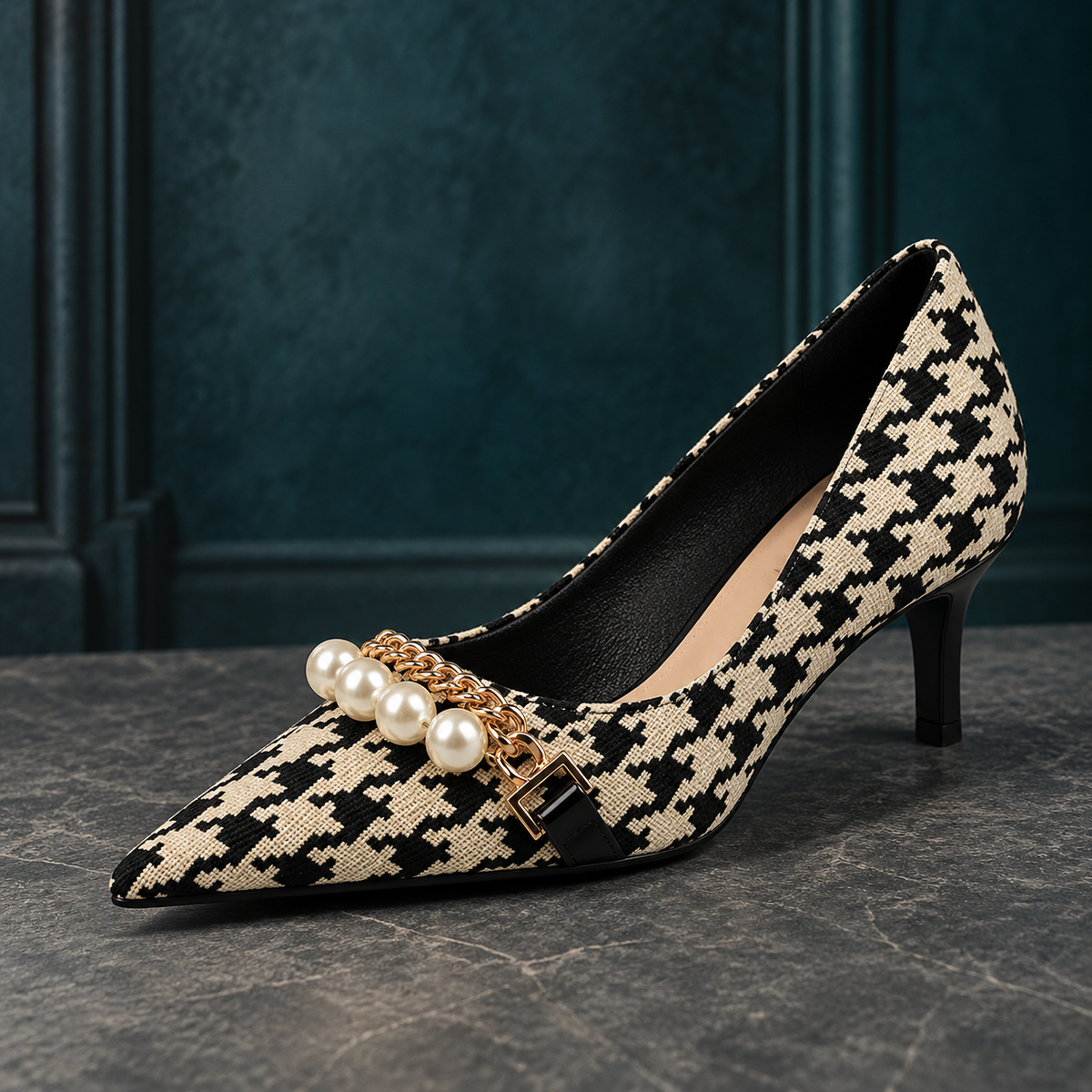 Vintage Plaid Checkered Women's Stiletto High Heels with Pearl & Chain Detail