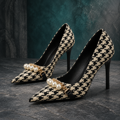 Vintage Plaid Checkered Women's Stiletto High Heels with Pearl & Chain Detail