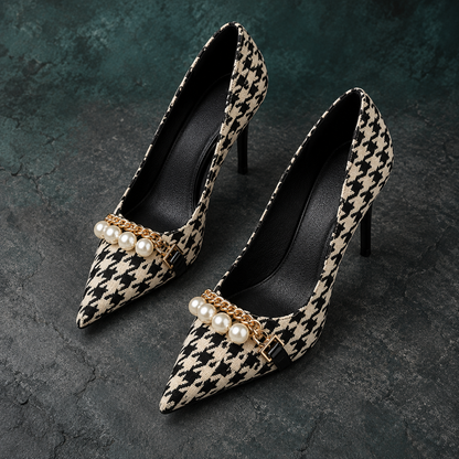 Vintage Plaid Checkered Women's Stiletto High Heels with Pearl & Chain Detail