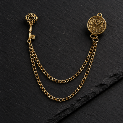 Men’s Vintage Pocket Watch & Antique Key Fob Chain Brooch Lapel Pin