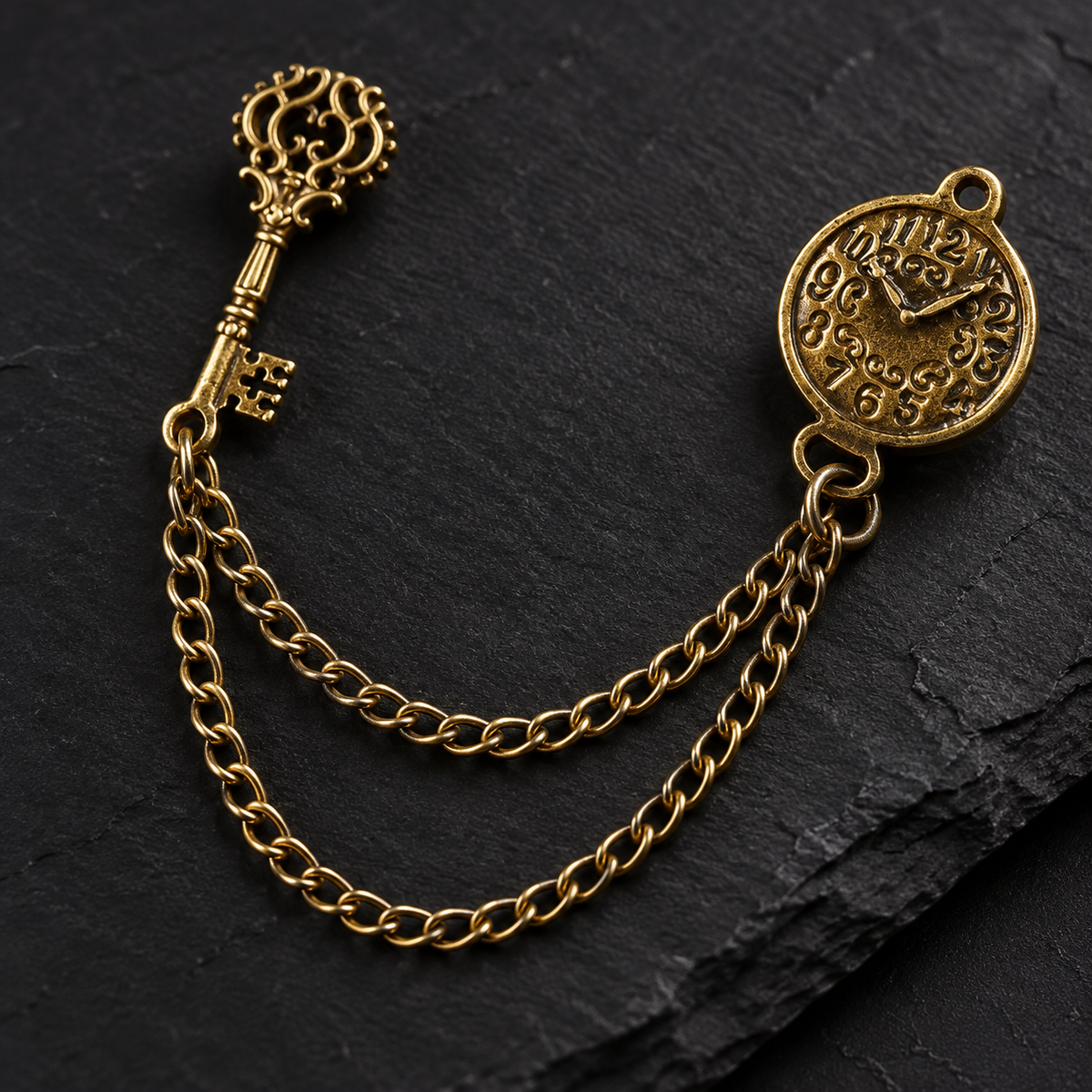 Men’s Vintage Pocket Watch & Antique Key Fob Chain Brooch Lapel Pin