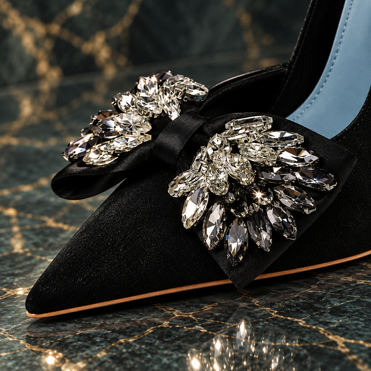 Women's Black Velvet Rhinestone Bow Pointed-Toe Stiletto Heels