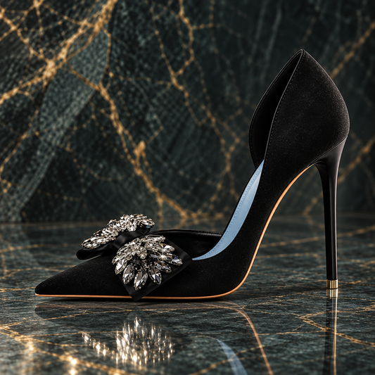Women's Black Velvet Rhinestone Bow Pointed-Toe Stiletto Heels