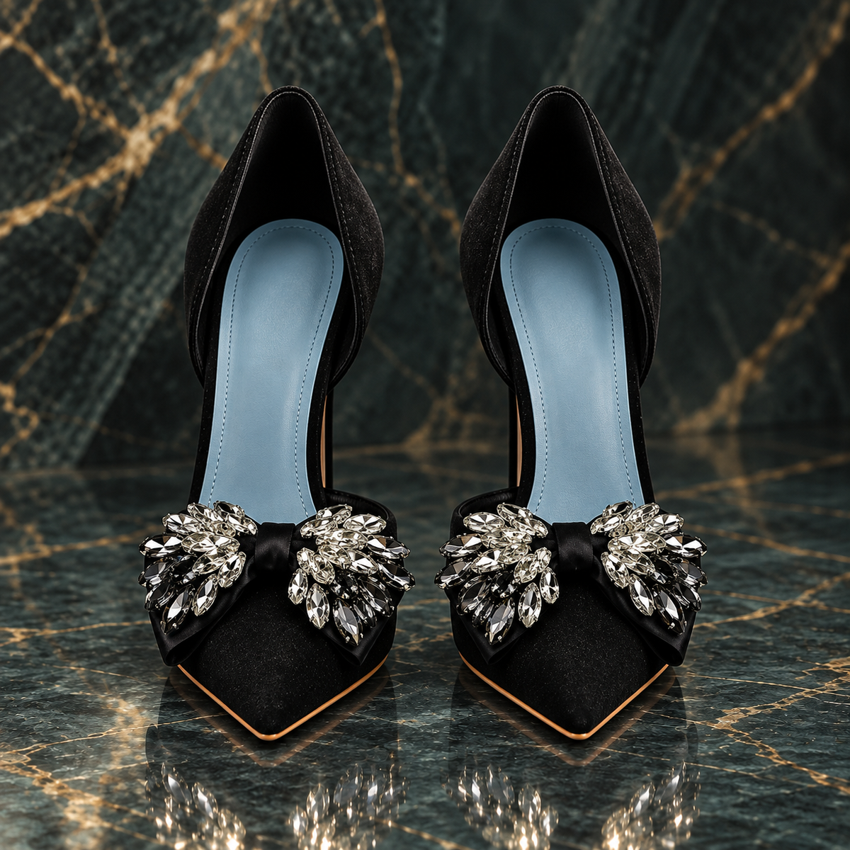 Women's Black Velvet Rhinestone Bow Pointed-Toe Stiletto Heels