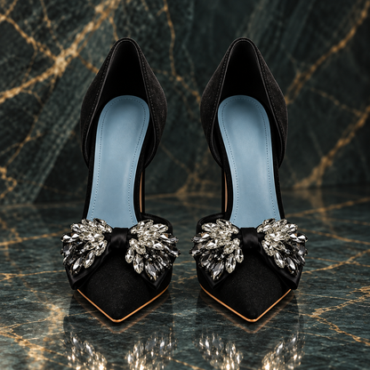 Women's Black Velvet Rhinestone Bow Pointed-Toe Stiletto Heels