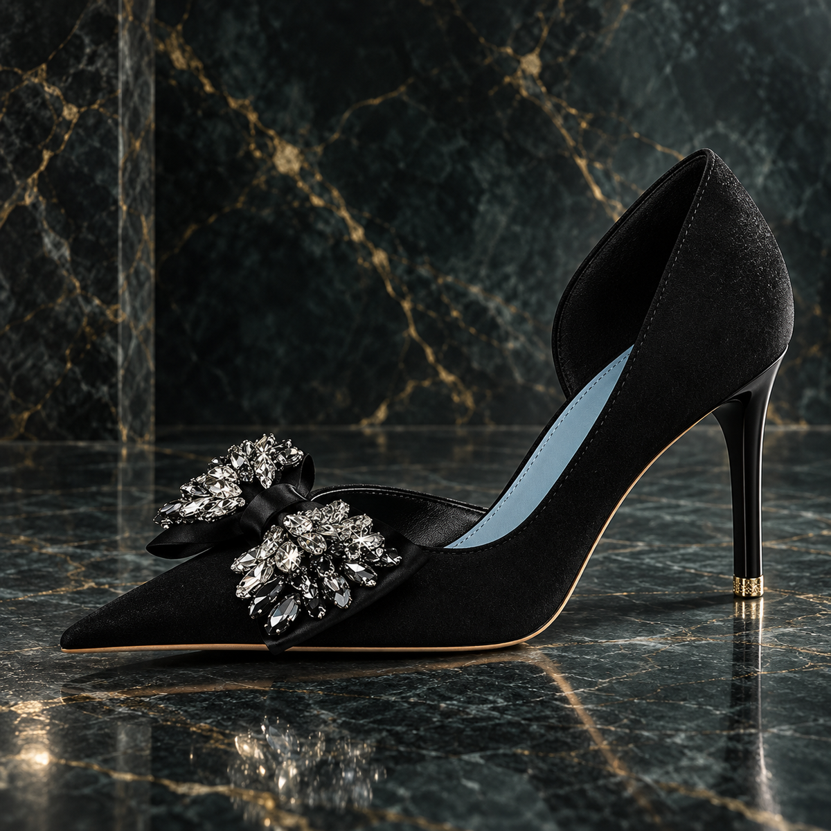 Women's Black Velvet Rhinestone Bow Pointed-Toe Stiletto Heels