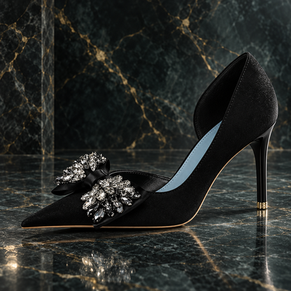 Women's Black Velvet Rhinestone Bow Pointed-Toe Stiletto Heels