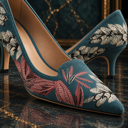 Women’s Turquoise Suede Embroidered Kitten-Heel Pumps