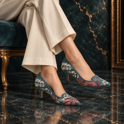 Women’s Turquoise Suede Embroidered Kitten-Heel Pumps