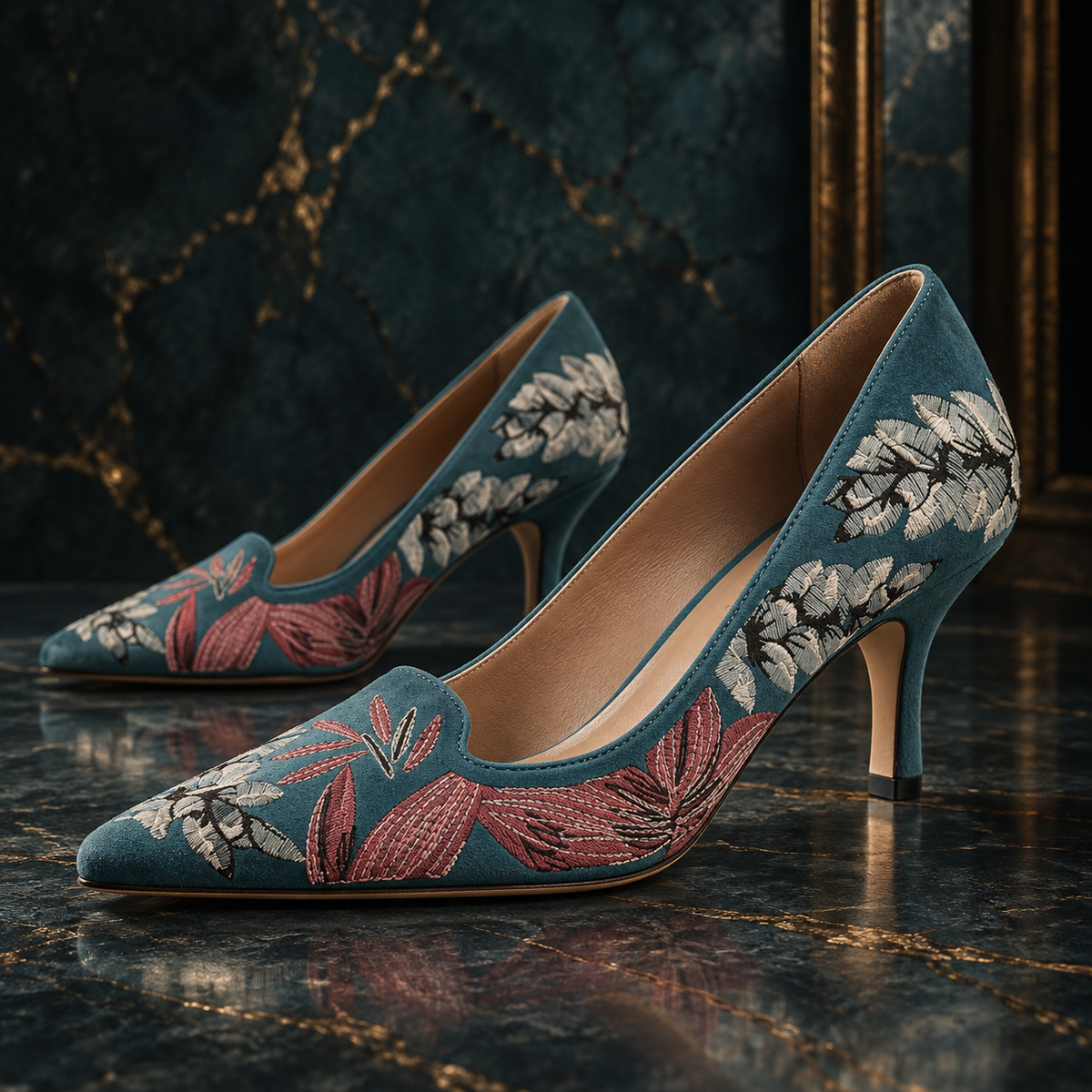 Women’s Turquoise Suede Embroidered Kitten-Heel Pumps