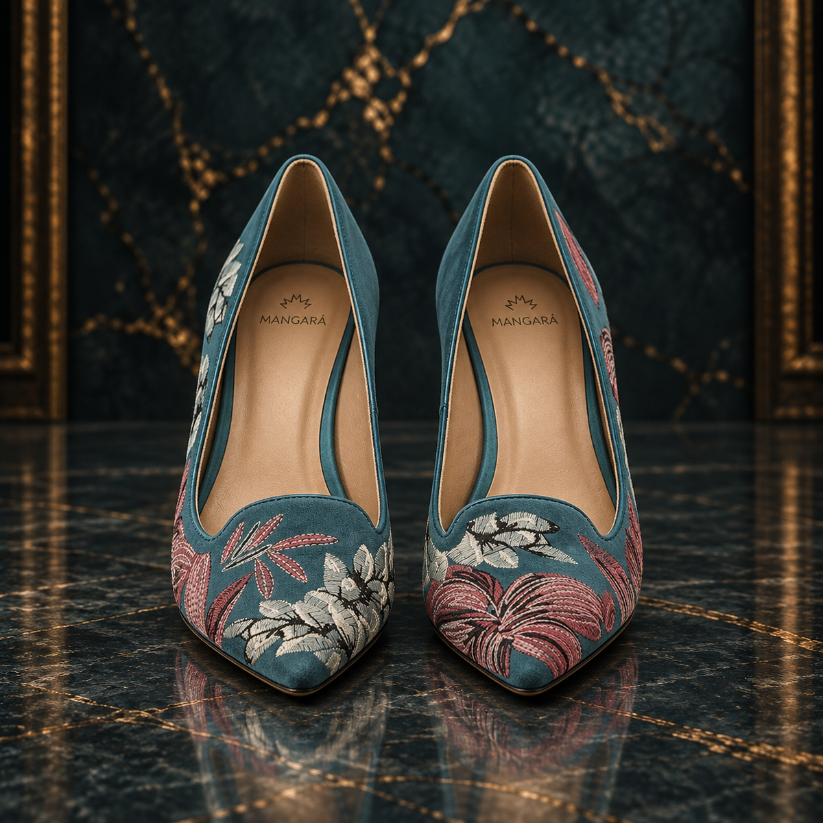 Women’s Turquoise Suede Embroidered Kitten-Heel Pumps