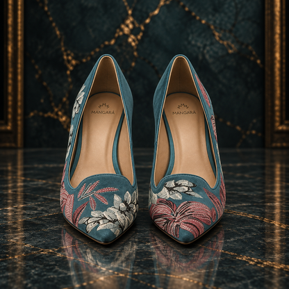 Women’s Turquoise Suede Embroidered Kitten-Heel Pumps