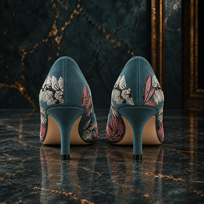Women’s Turquoise Suede Embroidered Kitten-Heel Pumps