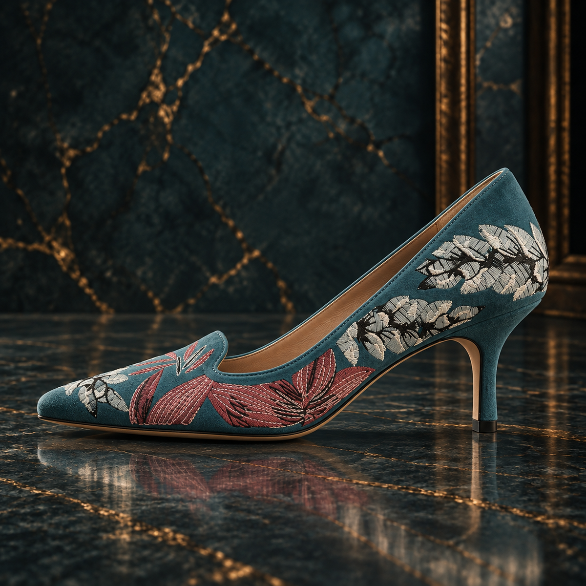 Women’s Turquoise Suede Embroidered Kitten-Heel Pumps