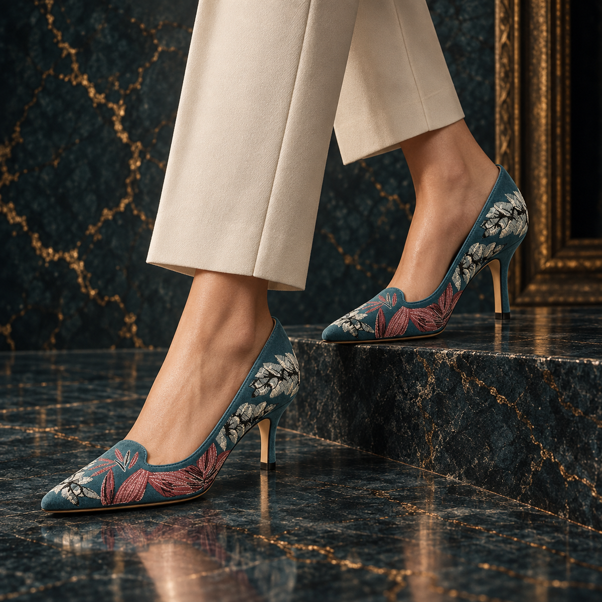 Women’s Turquoise Suede Embroidered Kitten-Heel Pumps