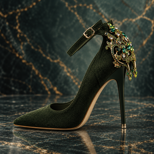 Women’s Velvet Rhinestone Filigree Pointed-Toe Stiletto Heels | Ankle Strap